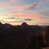 Sunrise over Zion Canyon from a bivy ledge atop P8