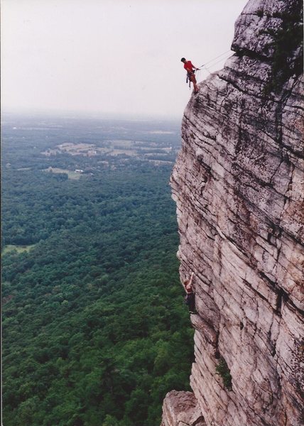 Randy and Sheri Chalnick on The High Exposure 5.6 Gunks Classic. (Third party walked 100 yards north of route and rapped down to capture this assume picture)1993