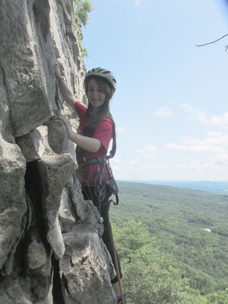 ALEXA CHALNICK 13 YEARS OLD POISED WITH CONFIDENCE ON THE SECOND PITCH OF THREE PINES 5.3 IN THE GUNKS NY 2014 (Daddy daughter dates don't get better than this!)
