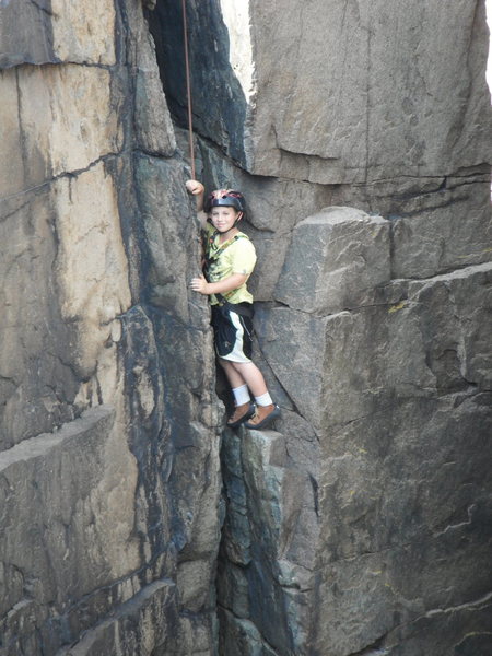 JONAH CHALNICK AT 8 YEARS OLD CLIMBING GUILLEMOT CRACK 5.6, OTTER CLIFFS ACADIA NATIONAL PARK