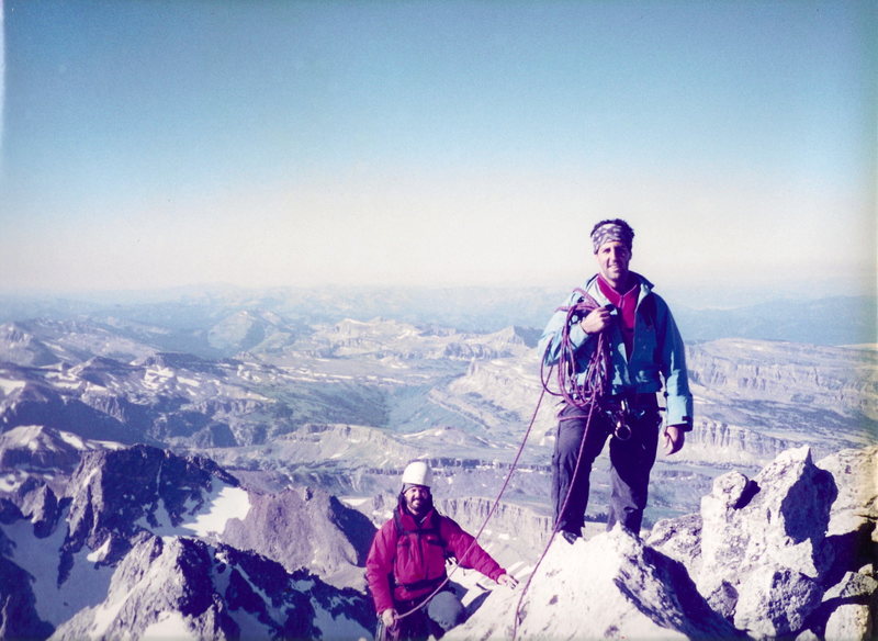 Randy and Tom on the summit of the Grand Teton Summer 1997. We took the tram from Jackson Hole to the Teton Crest Trail, backpacked the crest and came down via. Death Canyon. Went back up via. Garnet Canyon to the summit of the Grand via Pownall-Gilkey Route. Also climbed the Red Sentinel on that trip.