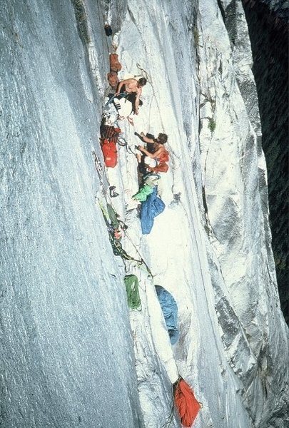 View of the Hang bivy on the FA of the Hall of Mirrors in 1978.