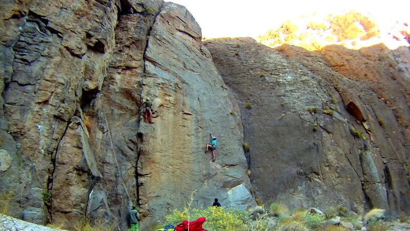 Supreme Wizard Formation. Climber in green/red (Tommy, photo credit) is on the 10b. The broken dihredral to his left is the 5.8. I'm in blue on Hacking and Spitting (12a). Gravitron (12c/d) is just out of frame to the left.