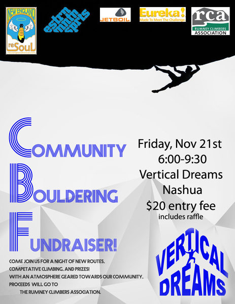 Vertical Dreams is hosting our annual fund raiser benefiting the RCA and there for, Rumney.<br>
come show your support! Proceeds go toward the continued effort to keep anchors safe on Rattlesnake hill.