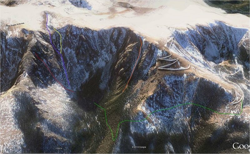 Topo of the area on Pike's Peak. Snow and ice line is the red line on the north face. Walkoff/climb out line is in blue.