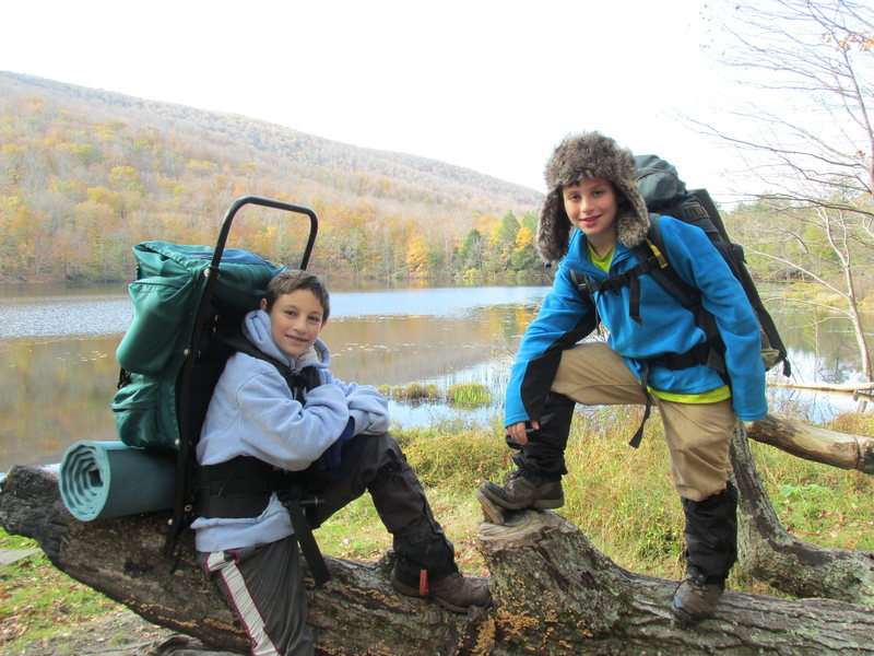 Zachary and Jonah Chalnick backpacking at Echo Lake Catskill Mountains NY Fall 2013