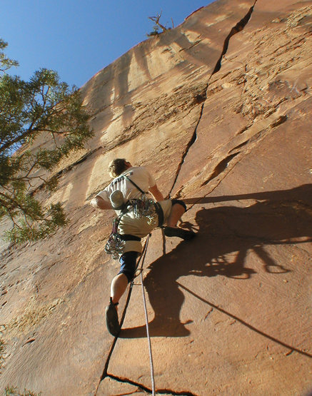 Dolores River Canyon - Pump House Crag, Courtney Conway sends this awesome finger/ tight hands splitter (Pump House Direct, 5.11, 90').