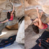 Natalie Duran finishing up Caveman [V7] in Hidden Valley Campground - Joshua Tree National Park, CA <br>
<br>
Shot by Tom Slater for SOUTHERN CALIFORNIA ROCK CLIMBING [CALIFORNIA ROAD TRIP VOLUME 2]