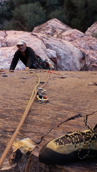Red Rocks trip- November 2014. With Mike C, Doug D, john and Di D. This is Mike on pitch one of Y2k.