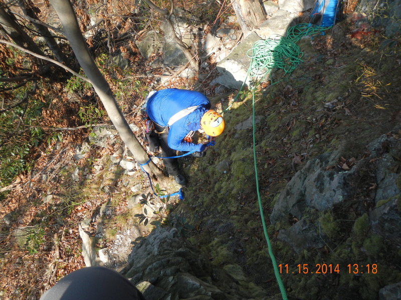 Mark ties in to belay at the base of Little Jimmie's Arete