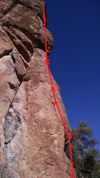 Route starts on right side of arete and trends left to bolt 3, then straight up from there