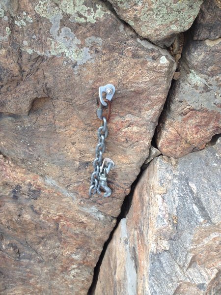 The anchor at the top. Kind of strange to have a chain on one bolt and an anchor hook on the other. You have to thread the chain regardless so why have a hook?