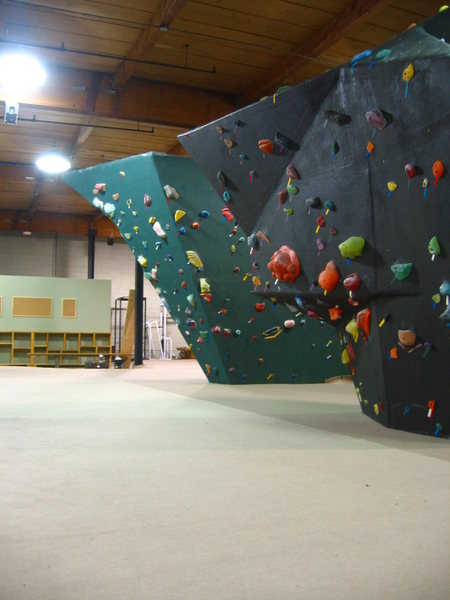 Black Top-Out Boulder with Green Boulder in background.