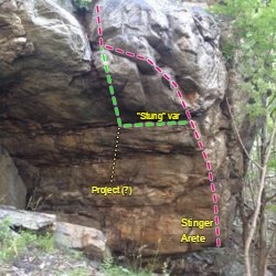Stinger Arete. The first send was fueled by a bee sting to the hand. Pink is Stinger Arete, green is Stung (variation to Stinger Arete), and a yellow line for a project that starts on double undercling crimps.