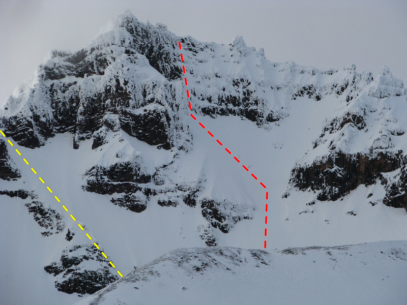 High Noon (red) and the Eleven O'clock Gully (yellow) on the south face of Broken Top