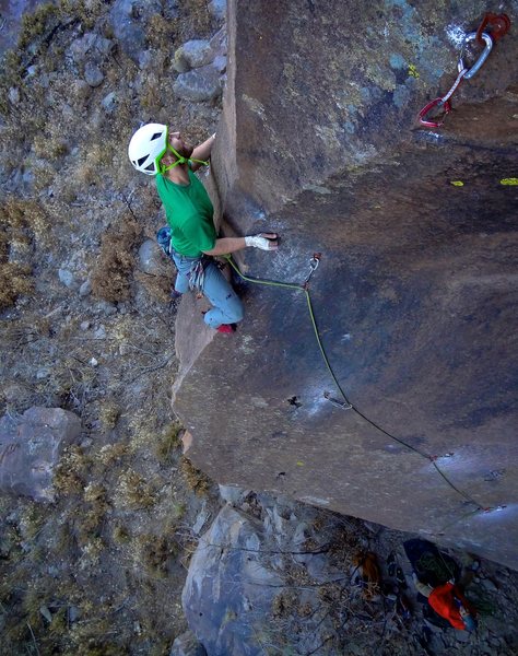 Cool, multi-sided arête leads to a tricky mantle-type move at the top. November 2014.