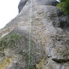 The rope is on Katalysator, but the line climbs a bit right of where the rope is, through the white and orange-speckled stone.  Auerbacher Weg is immediately right, beginning on the far right side of the white streak, and finishing in the steeper gray stone above.