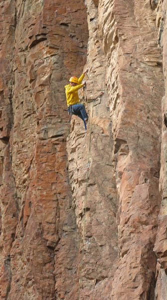 Anthony enjoys the climbing midway <br>
up during the 2nd ascent <br>
SOL Man (5.10d)