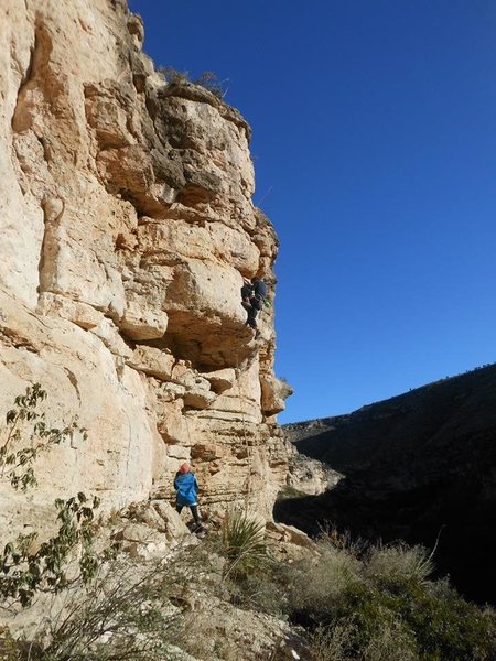 Chris hitting almost out of the crux of the route.