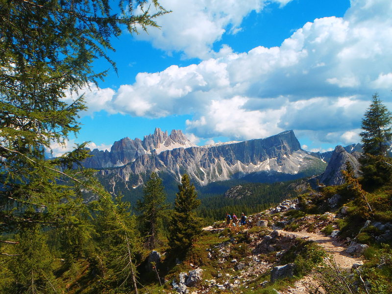 Lastoni di Formin (front cliff) with Croda da Lago peaks behind. Photo taken from Cinque Torri group.
