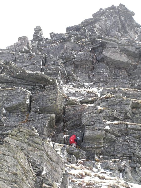 Some meters after the start of Tårnfjell North-West arete. We aimed a bit right of the cairn-formed pinnacle.