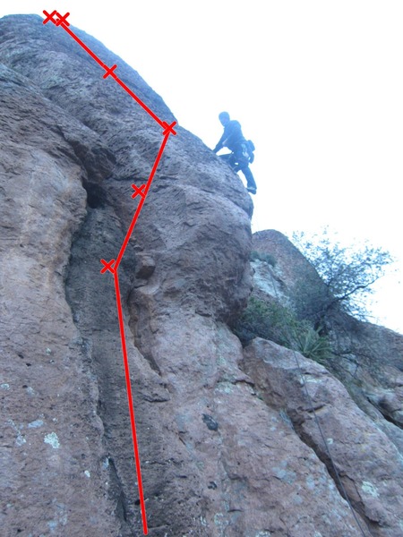 Climber is on Battle of the Bulge, Turkey in a Blender is the bolt line going up the chute to the left of the bulge.