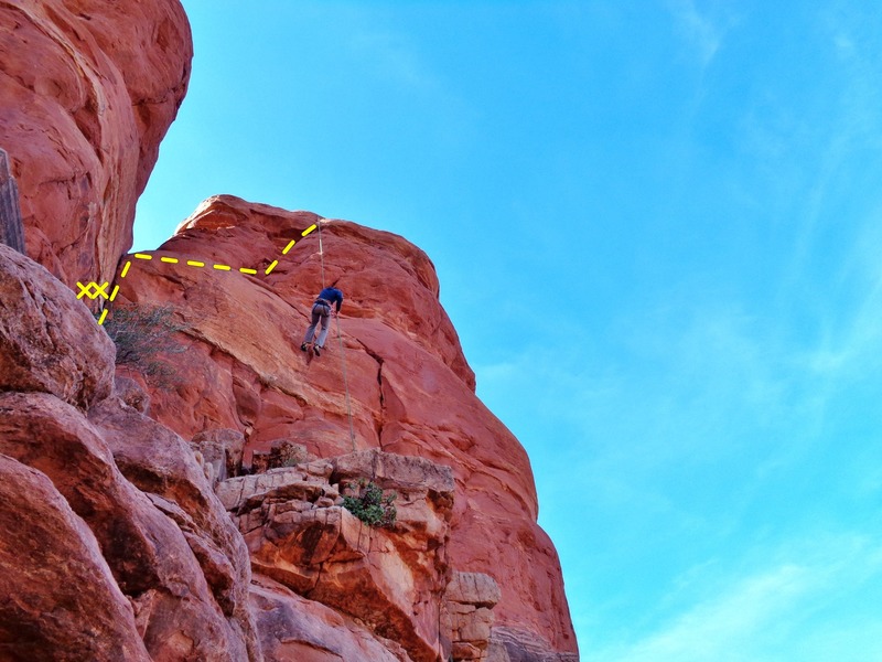 Final section to the summit. There are some 5th class moves to get to the 2-bolt anchor atop the limestone band, with a single belay bolt marking the start. Makes more sense to me to belay there and do it as one pitch rather than using the anchor shown here. <br>
<br>