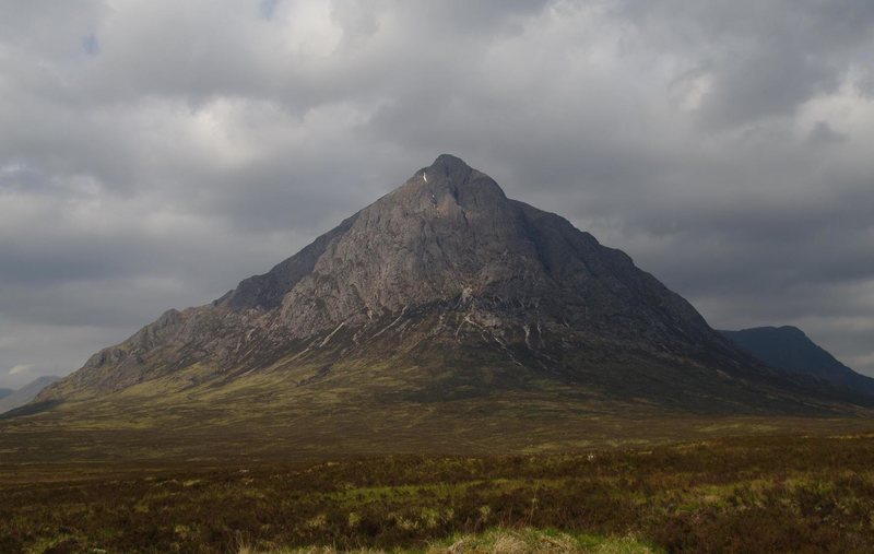 The elegant Buachaille Etive Mor from the north, (the Curved Ridge route is up the middle of the face, just left of the upper snow filled gully)