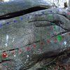 Left side of Whale Boulder (on Riverside Drive / Buttermilk trail)<br>
Blue- Tail of the Whale<br>
Red- Whale Crack<br>
Green- Whale Blubber