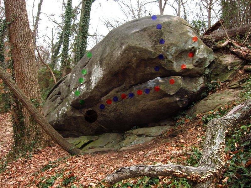 Right side of Whale Boulder (on Riverside Drive / Buttermilk trail)<br>
Green- The Eye<br>
Blue- Sweet Nothings<br>
Red- Sweet Mouth