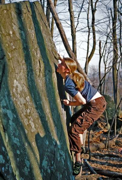 Shannon on Gumball V4 at Haycock Mountain, PA. April 2007. danallardphoto.com