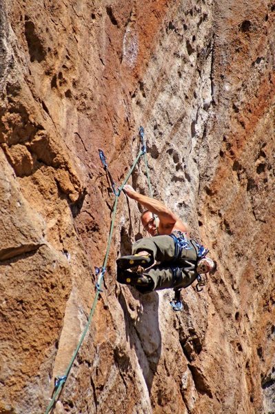 Matt Greco getting set up for crux maneuvers.<br>
<br>
Wade Forrest Photo