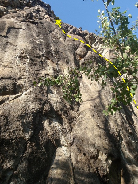 Buddhas Delight starts between the ramp and boulder on bolts.