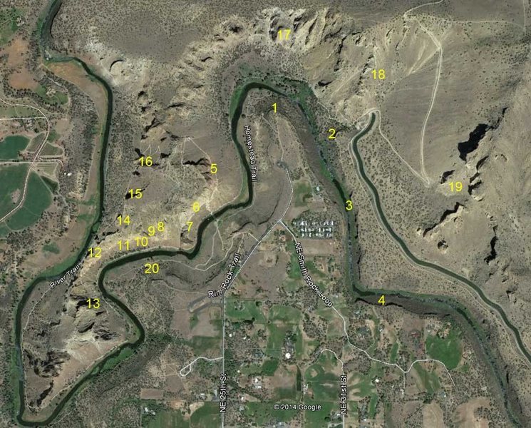This is an overview of the Smith Rock Crags. Locations are approximate. <br>
Basalt Crags: <br>
1 - Northern Point <br>
2 - Student Wall <br>
3 - Lower Gorge <br>
4 - Upper Gorge <br>
<br>
Main Crags <br>
5 - Red Wall <br>
6 - Picnic Lunch Wall <br>
7 - Shipwreck Wall <br>
8 - Aggro Gully <br>
9 - Cocaine Gully <br>
10 - Morning Glory <br>
11 - Dihedrals <br>
12 - Christian Brothers <br>
13 - Smith Rock Group <br>
14 - Spiderman Buttress <br>
15 - Mesa Verde Wall <br>
16 - Monkey Face <br>
17 - Monument Area <br>
18 - Staender Ridge <br>
19 - Marsupials<br>
20 - Rope De Block