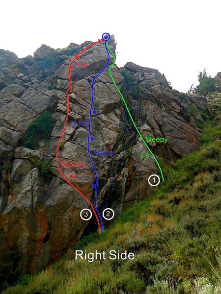 Happy is the center route of the 3 on the upper right side. It has the best moves and rock of all 5 routes.