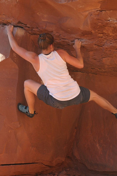 Fooling around on I believe Flat Top boulder, Big Bend, Moab. I didn't have a guide book.