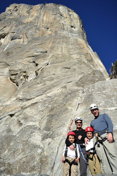 The family spent an amazing January day climbing at the base of the Captain. Bryson (age 8) and Wesley (age 5) got their first taste of Yosemite crack climbing.<br>
<br>
A cool footnote: 1,500 feet above us and around the corner to the right, Tommy and Kevin are working the crux pitch 15 on the Dawn Wall.  