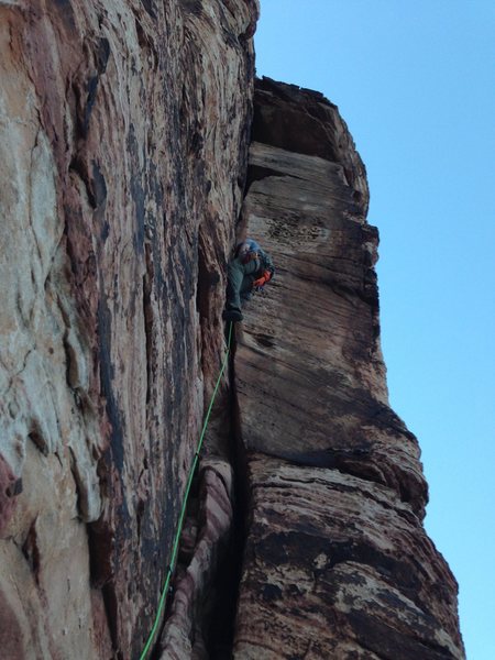 Running up Unnamed Corner in the first Pullout at the park, 5.7 I think.