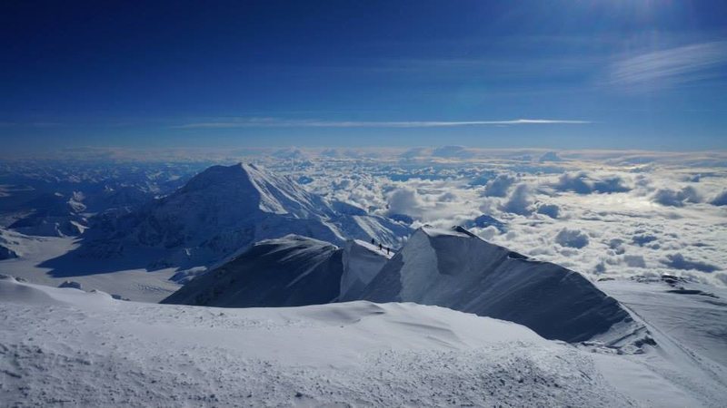 Looking back on summit ridge of Denali. Foraker in the background.