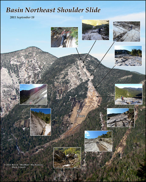 Basin Mountain's Northeast Shoulder Slide. The SE face was a previous exposure that was enlarged in 2011 along with the runout below the face and track above the slide. For more read: https://dl.dropboxusercontent.com/u/44137760/published/2012_adirondac_march_mudrat_basin_draft.pdf