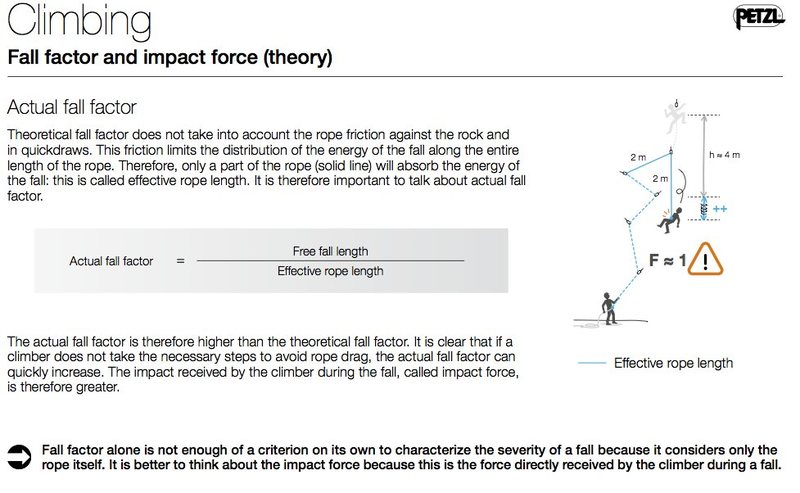 Fall factor alone is not enough of a criterion on its own to characterize the severity of a fall because it considers only the rope itself. It is better to think about the impact force because this is the force directly received by the climber during a fall.<br>
<br>
- Petzl