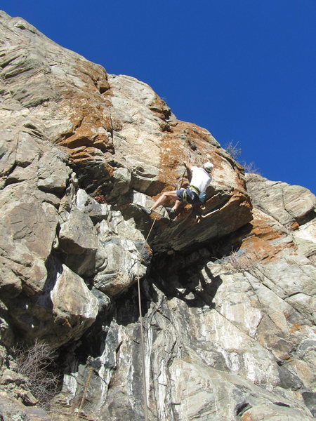Paul at the crux of Curious George Goes Climbing.