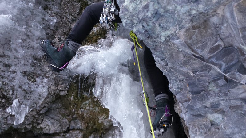 Mike on Pitch 2 of Slippery When Wet - Ouray Colorado Skylight Area. Jan 18th 2015 with Mike Colacino.