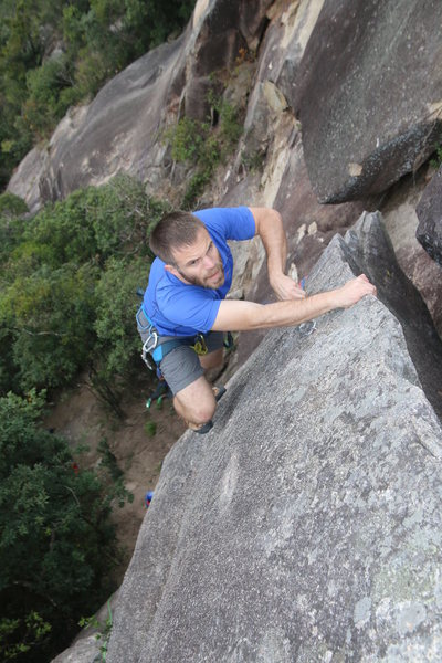 Climbing the fin on De-Linked. Ian Smith on lead.