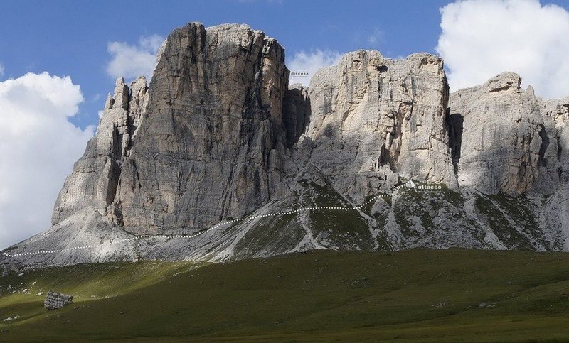 The south face of Lastoni di Formin and the approach of the route
