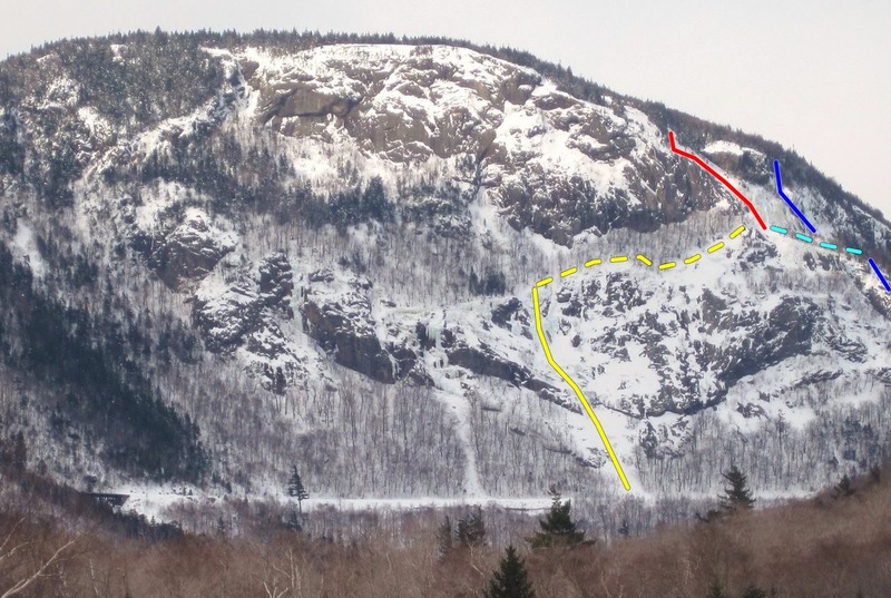East Face Slab (red)<br>
Cinema Gully (solid yellow)<br>
Hitchcock Gully (solid blue)<br>
Traverse to EFS (dotted lines)