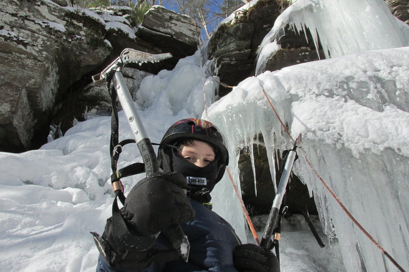 Deep Notch Catskills NY. Jonah getting ready to climb main water fall on the practice slabs January 31, 2015. It reached a high of 8 degrees F. that day.
