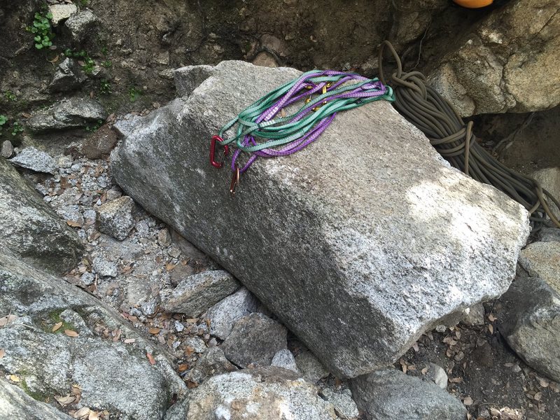 The boulder that broke off that now serves as a nice belay bench...