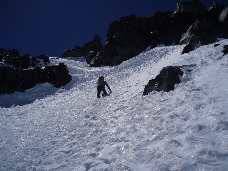 Climbing up the final exit gully on Curtis Ridge.  It steepened here to 60+ degrees.