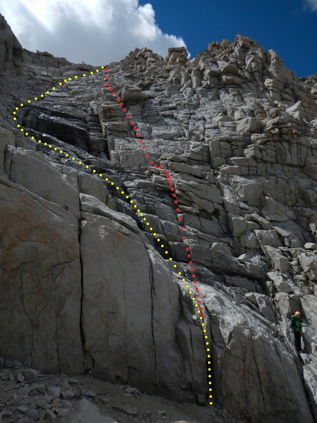 A view of the remaining route from the top of the 3rd class chute. One can proceed further east (frame right) and ascend the talus-covered northern slope, or head south here up the exciting 4th class terrain to the summit plateau. Ideally, follow yellow. If there's ice, like there was when we were there, follow red for a low 5th class variation. I guesstimate this climb to be about 400 feet.